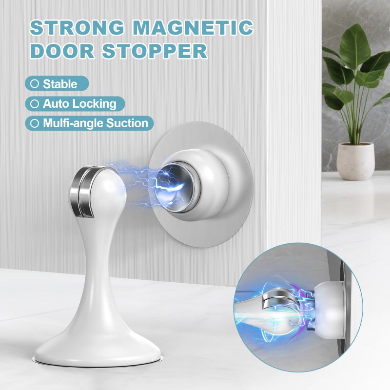 Profasion Magnetic Door Stoppers 2 Pack, Stainless Steel Door Stops for Wall and Floor Mounting, Door Holder Keep Door Open, No Drilling Door Stop with 3D Adhesive Tapes, White - Image 2