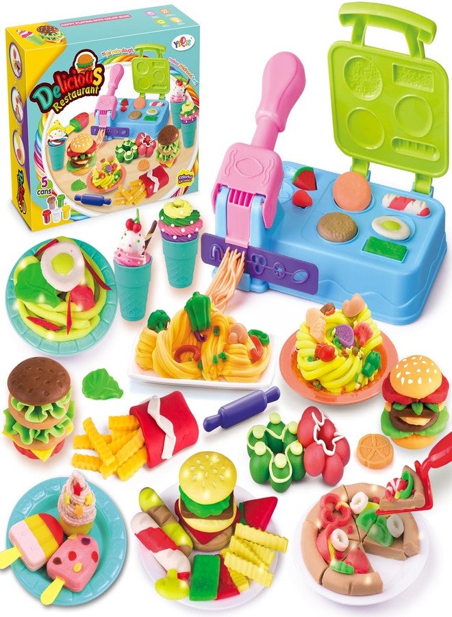 YiQis Kitchen Creations Appliance Set,Color Dough Sets for Kids Ages 4-8,Burger Barbecue Play Food Modeling Dough Toys,21 Play Kitchen Accessories,5 Cans 2 oz Dough Colors - Image 1