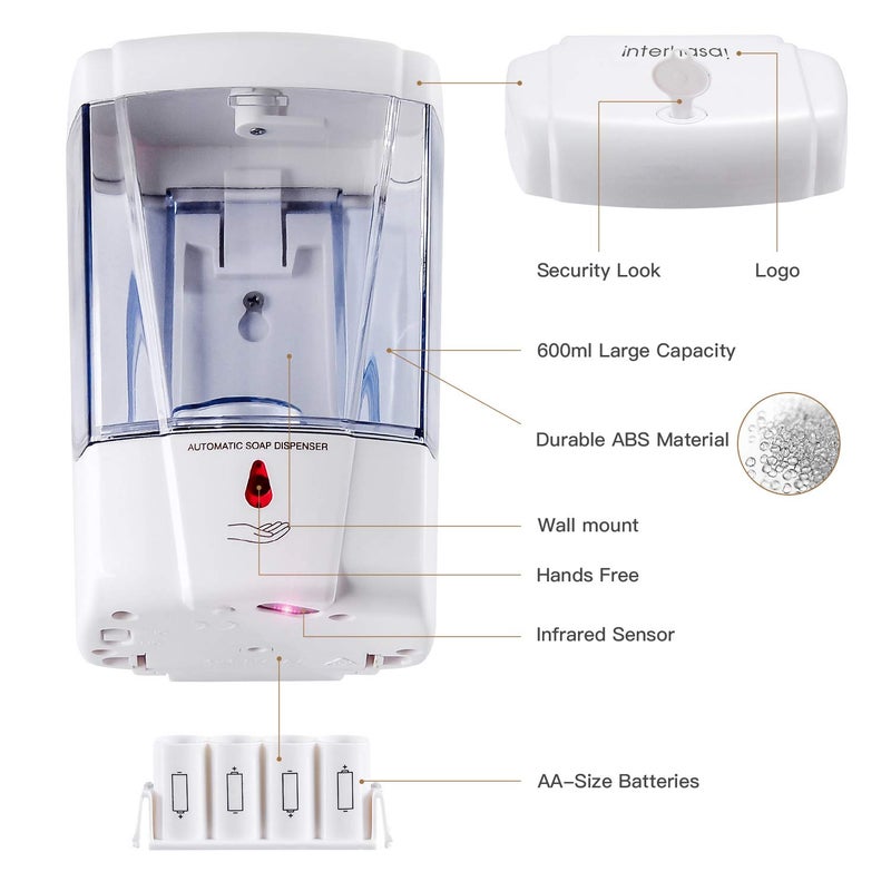 interhasa! Soap Dispenser, Touchless Hand Sanitizer Dispenser Wall Mount Automatic Kitchen Soap Dispenser for Commercial Home, Office, 600ml/20oz - Image 2