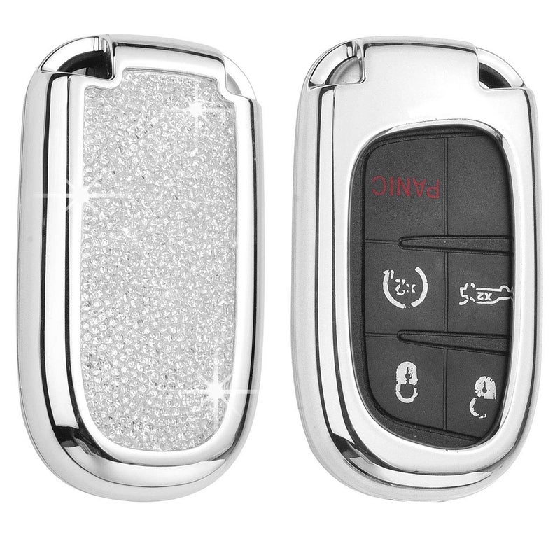 Royalfox 3D Bling Shiny Rhinstone Girly 345 Buttons Key fob case Cover Skin for Jeep Grand Cherokee RenegadeFiatDodge Charger Challenger Dart Journey DurangoChrysler 200 300 Silver