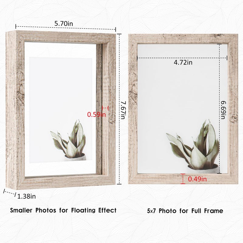 Muye 5x7 إطارات عائمة متوحشة بيج بيضاء النمط الخشب النمط المزدوج صورة زجاجية إطار عرض أي صورة حتى 5x7 حائط الجدار أو الطاولة 2 حزمة - Image 2
