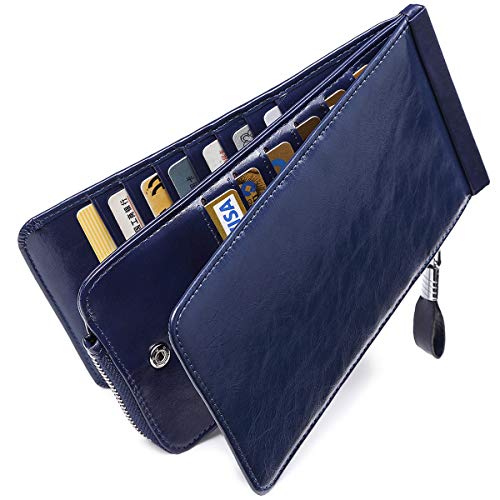 Huztencor Women's Credit Card Holder RFID Blocking Oil Wax Leather Multi Card Organizer Wallet Slim Long Zipper Bi-fold Business Card Case Clutch Wallet with ID Window Blue (FBA) - Image 1