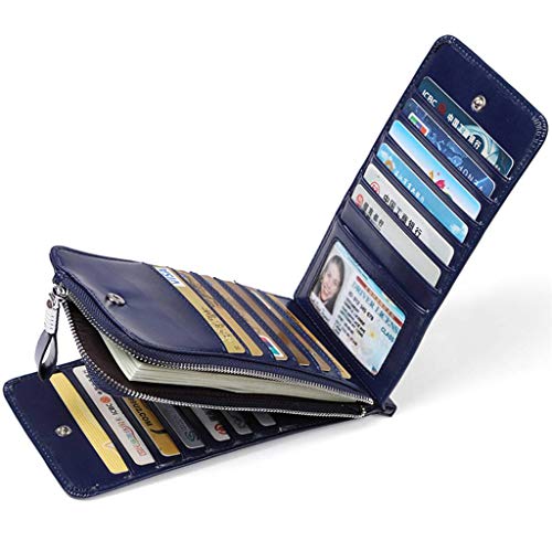 Huztencor Women's Credit Card Holder RFID Blocking Oil Wax Leather Multi Card Organizer Wallet Slim Long Zipper Bi-fold Business Card Case Clutch Wallet with ID Window Blue (FBA) - Image 3