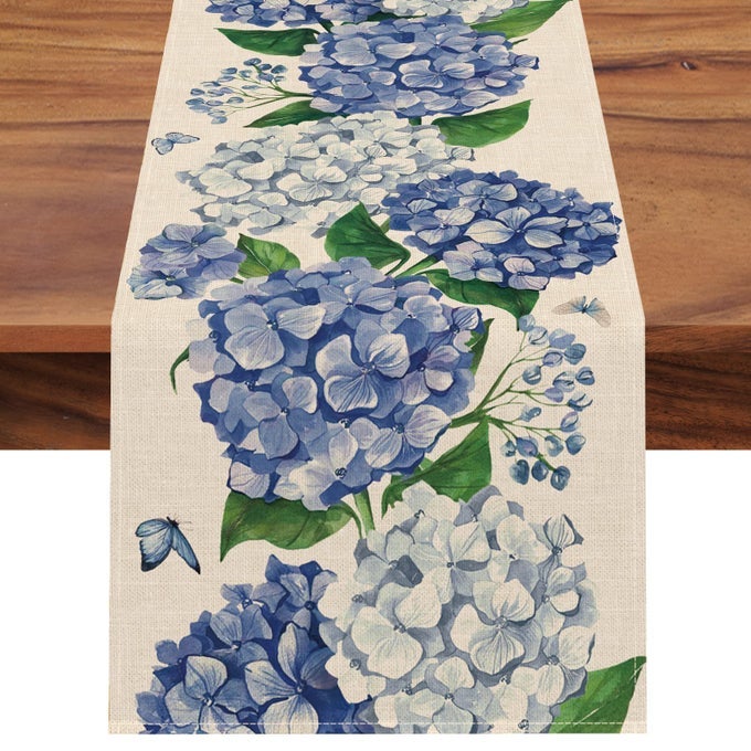 SPRING HYDRANGEA FLORAL FLOWERS TABLE RUNNER BLUE BUTTERFLY KITCHEN DINING TABLE DECOR SEASONAL SUMMER BURLAP HOME DECORATION INDOOR OUTDOOR PARTY SUPPLY 13 X 36 INCHES