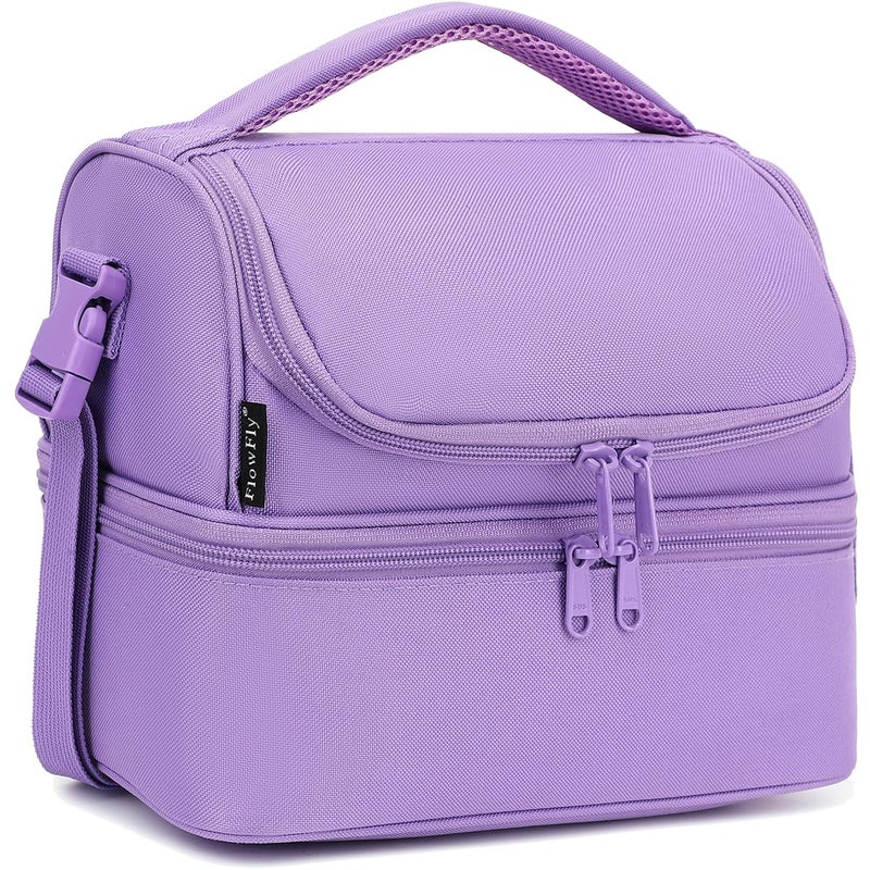 FlowFly Double Decker Cooler Insulated Lunch Bag Large Tote for Boys Girls Men Women with Adjustable StrapPurple