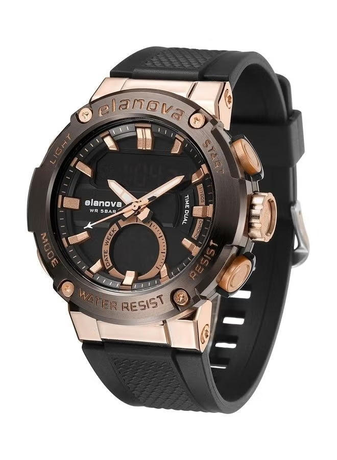 إيلانوفا ساعة يد رقمية وتناظرية بتصميم رياضي، مقاومة للماء حتى 5 بار، مزودة بتوقيت مزدوج وحزام سيليكون متين، طراز EL71 - Image 4