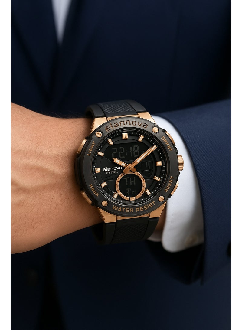 إيلانوفا ساعة يد رقمية وتناظرية بتصميم رياضي، مقاومة للماء حتى 5 بار، مزودة بتوقيت مزدوج وحزام سيليكون متين، طراز EL71 - Image 3