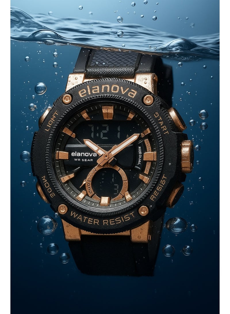 إيلانوفا ساعة يد رقمية وتناظرية بتصميم رياضي، مقاومة للماء حتى 5 بار، مزودة بتوقيت مزدوج وحزام سيليكون متين، طراز EL71 - Image 5