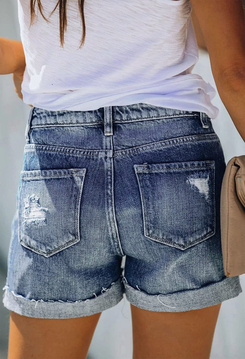 Pink Queen Women's Tummy Control Ripped Denim Summer Jean Shorts Mid-High Rise Folded Hem Jeans Shorts Fray Distressed Casual Cotton Denim Shorts Blue M - Image 5