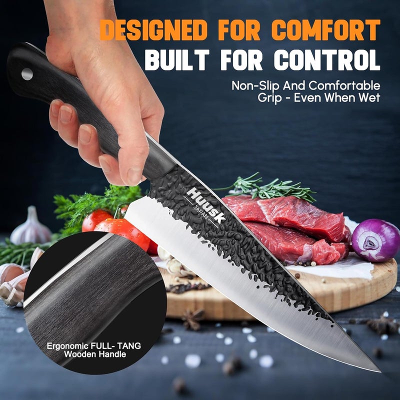Huusk Chef Knife Japanese Kitchen - Hand Forged Viking Knife for Meat Cutting - Ideal Kitchen Knife Made From a Single Piece of High Carbon Steel Christmas Gift for Men and Women - Image 5