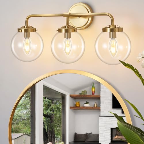 Deyidn Bathroom Vanity Light Fixtures Over Mirror, Modern Matte 3 Lights Wall Sconce Lighting with Transparent Glass Ball Shade, Mid Century Farmhouse Vanity Lights (Gold) - Image 1