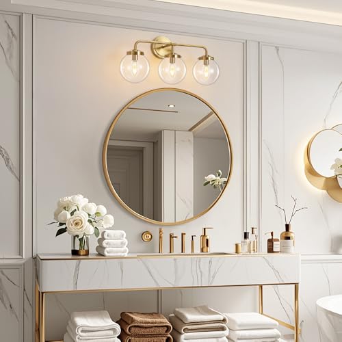 Deyidn Bathroom Vanity Light Fixtures Over Mirror, Modern Matte 3 Lights Wall Sconce Lighting with Transparent Glass Ball Shade, Mid Century Farmhouse Vanity Lights (Gold) - Image 4