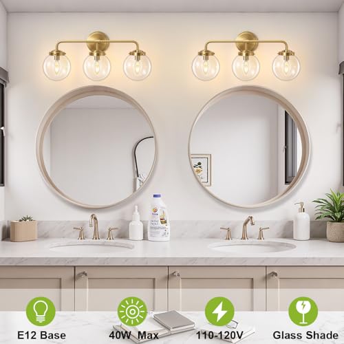 Deyidn Bathroom Vanity Light Fixtures Over Mirror, Modern Matte 3 Lights Wall Sconce Lighting with Transparent Glass Ball Shade, Mid Century Farmhouse Vanity Lights (Gold) - Image 3