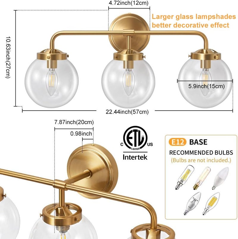 Deyidn Bathroom Vanity Light Fixtures Over Mirror, Modern Matte 3 Lights Wall Sconce Lighting with Transparent Glass Ball Shade, Mid Century Farmhouse Vanity Lights (Gold) - Image 2