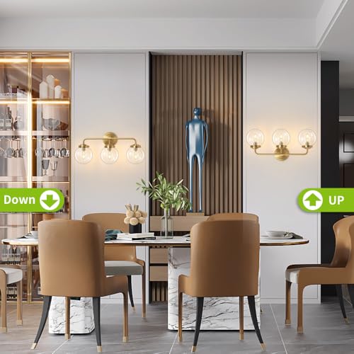 Deyidn Bathroom Vanity Light Fixtures Over Mirror, Modern Matte 3 Lights Wall Sconce Lighting with Transparent Glass Ball Shade, Mid Century Farmhouse Vanity Lights (Gold) - Image 5