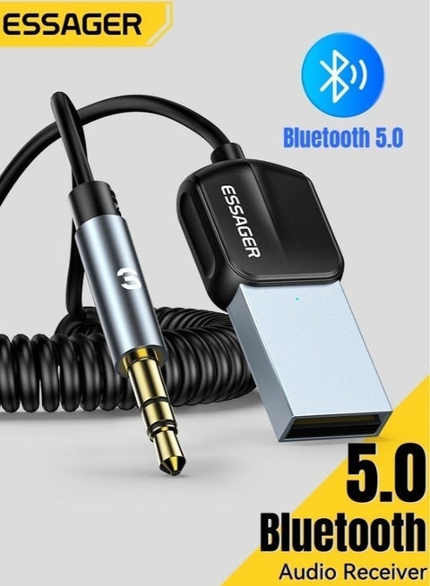 Aux Bluetooth Adapter for Car, Essager Noise Cancelling Bluetooth 5.0 Receiver,Lossless Music USB to 3.5mm Jack Audio Adapter with Built-in Microphone for Car Kits/Home Stereo/Handsfree Call Speaker
