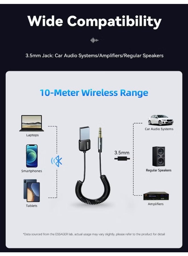 Aux Bluetooth Adapter for Car, Essager Noise Cancelling Bluetooth 5.0 Receiver,Lossless Music USB to 3.5mm Jack Audio Adapter with Built-in Microphone for Car Kits/Home Stereo/Handsfree Call Speaker