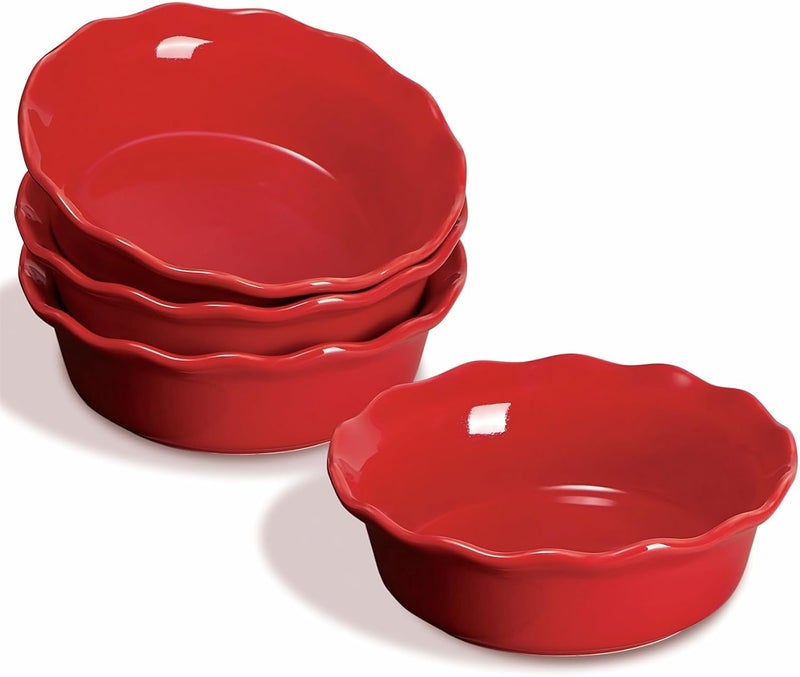 Onemore Pie Pans, 6.8 inch Small Chicken Pot Pie Plates 16 oz Deep Dish Pie Pan Ceramic Baking Plates for Dessert Oven Safe Round Baking Dish Pans Set of 4 - Red - Image 1