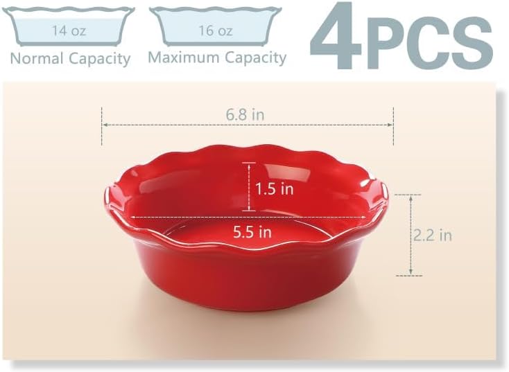 Onemore Pie Pans, 6.8 inch Small Chicken Pot Pie Plates 16 oz Deep Dish Pie Pan Ceramic Baking Plates for Dessert Oven Safe Round Baking Dish Pans Set of 4 - Red - Image 4