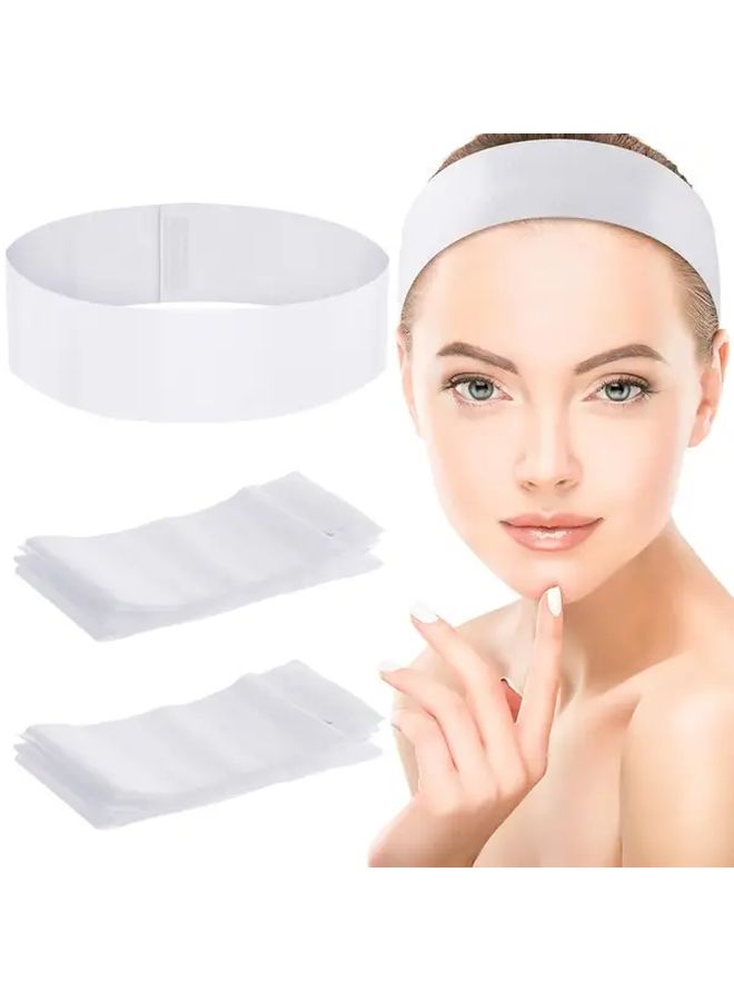 100Pcs Disposable Spa Facial Headbands Elastic Headband Wrap With Adjustable Magic Tape Stretch Non Facial Bandeau Soft Light Beige Care Essential Headband With Convenient Closure White - Image 1