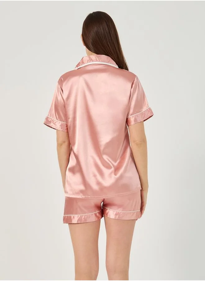 Styli Solid Satin Button Through Shirt and Shorts Pyjama Set