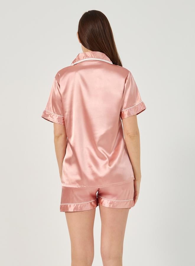 Styli Solid Satin Button Through Shirt and Shorts Pyjama Set - Image 5