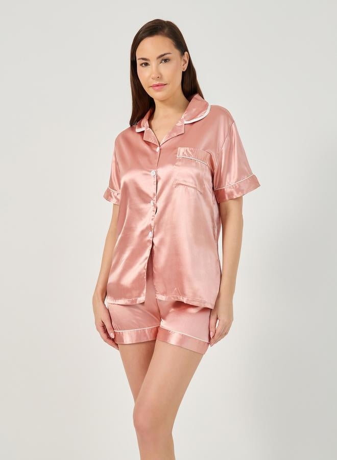 Styli Solid Satin Button Through Shirt and Shorts Pyjama Set - Image 1