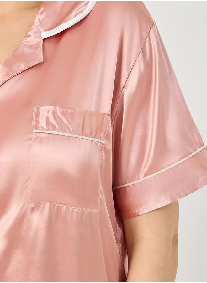 Styli Solid Satin Button Through Shirt and Shorts Pyjama Set