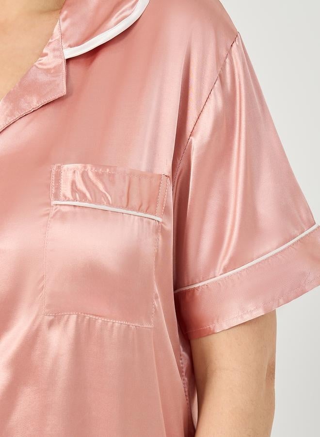 Styli Solid Satin Button Through Shirt and Shorts Pyjama Set - Image 3