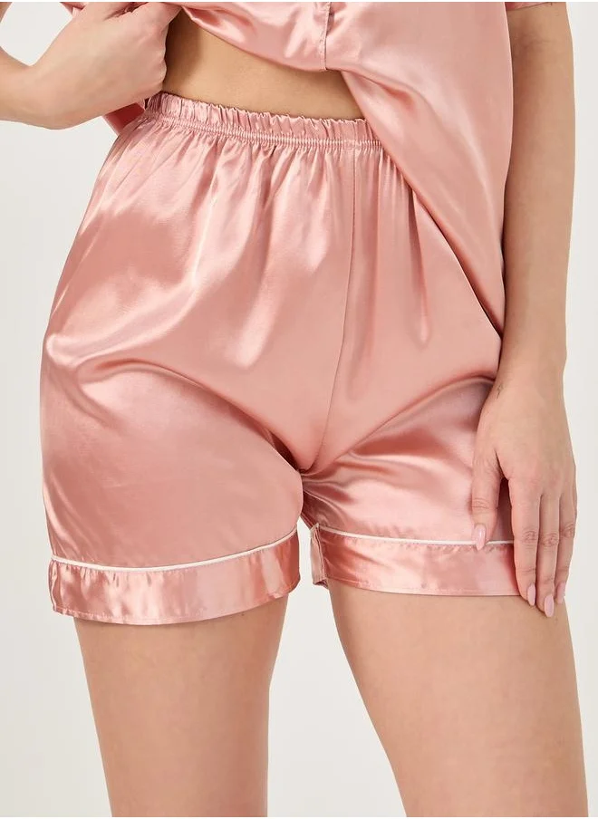 Styli Solid Satin Button Through Shirt and Shorts Pyjama Set