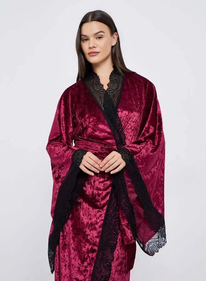 Styli Crushed Velvet Flared Sleeves Robe with Contrast Lace Trim