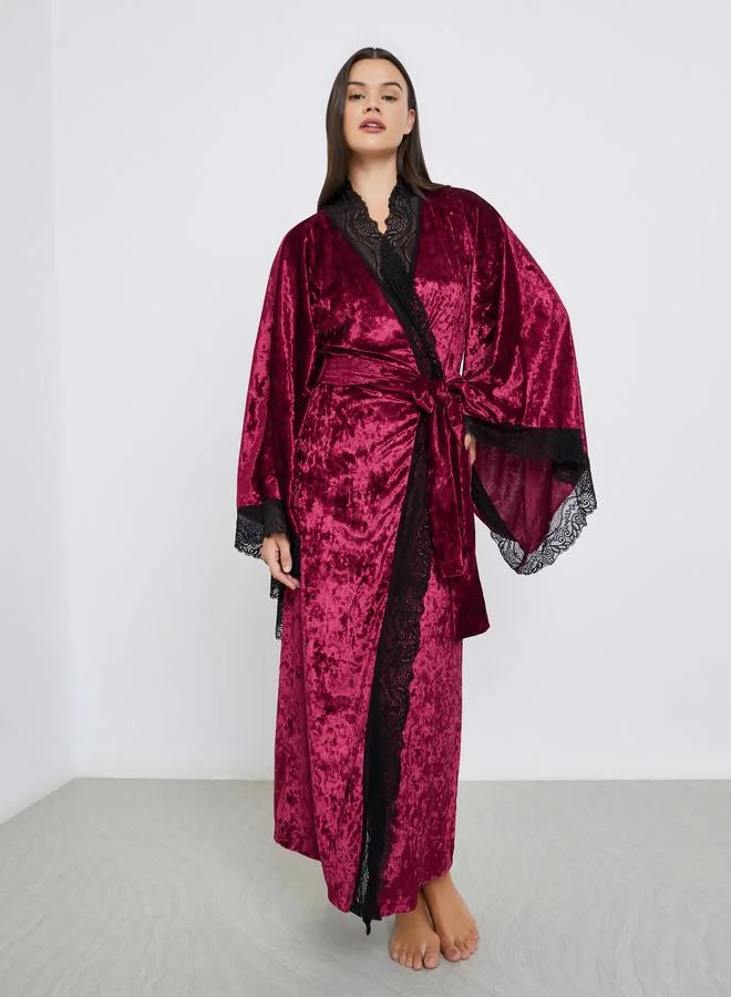 Styli Crushed Velvet Flared Sleeves Robe with Contrast Lace Trim