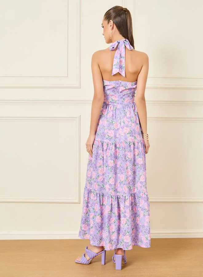 Styli Floral Print Halter Neck A-Line Tiered Maxi Dress