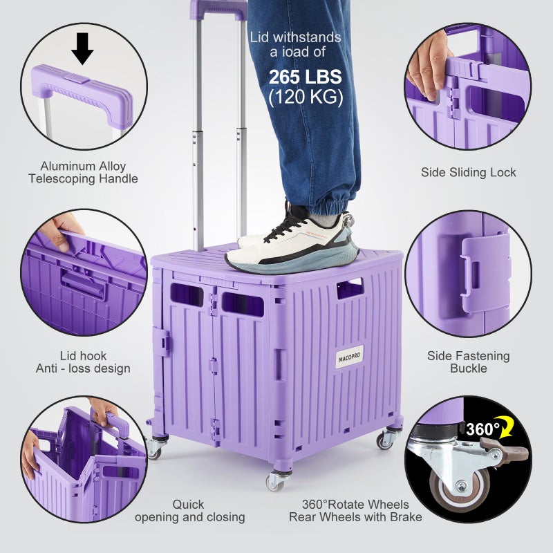MACOPRO Foldable Utility Cart Folding Portable Rolling Crate Handcart with Durable Heavy Duty Plastic Telescoping Handle Collapsible 4 Rotate Wheels for Travel Shopping Moving Luggage Office Use (Purple) - Image 3