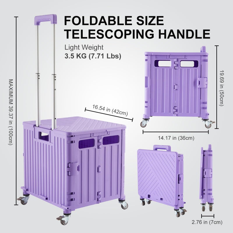 MACOPRO Foldable Utility Cart Folding Portable Rolling Crate Handcart with Durable Heavy Duty Plastic Telescoping Handle Collapsible 4 Rotate Wheels for Travel Shopping Moving Luggage Office Use (Purple) - Image 4