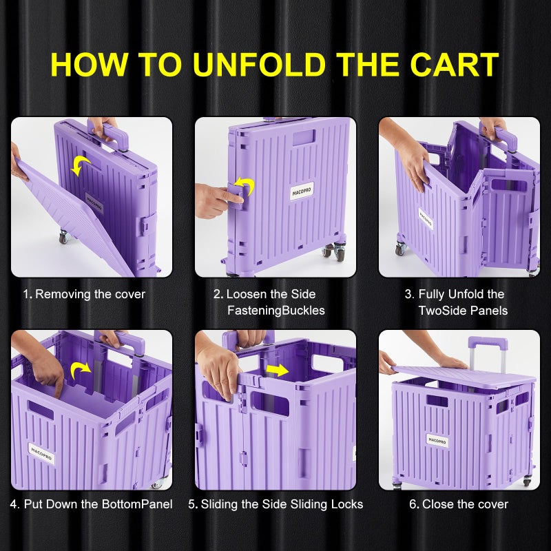 MACOPRO Foldable Utility Cart Folding Portable Rolling Crate Handcart with Durable Heavy Duty Plastic Telescoping Handle Collapsible 4 Rotate Wheels for Travel Shopping Moving Luggage Office Use (Purple) - Image 5