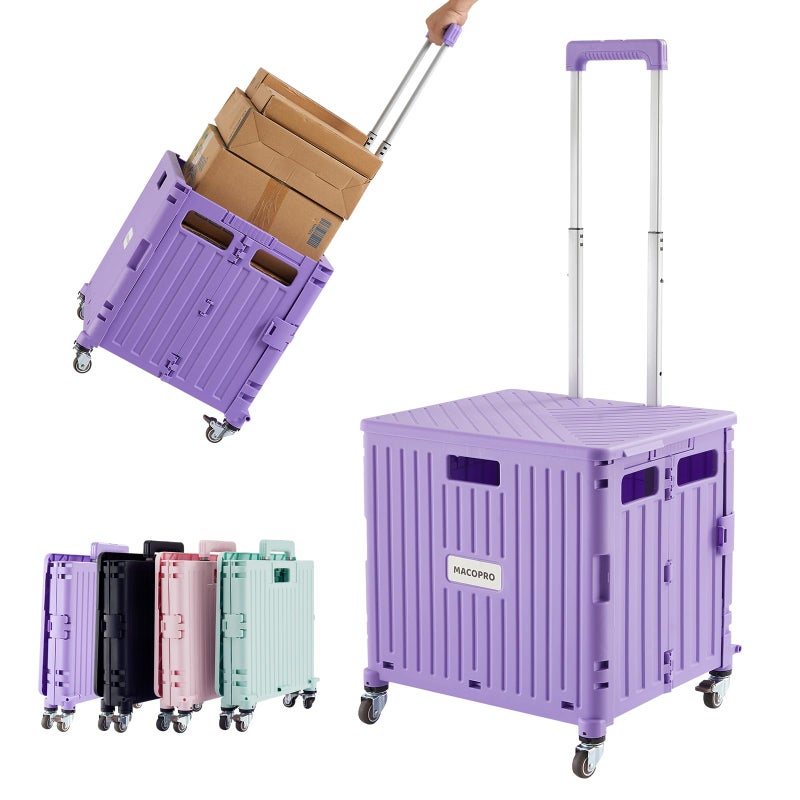 MACOPRO Foldable Utility Cart Folding Portable Rolling Crate Handcart with Durable Heavy Duty Plastic Telescoping Handle Collapsible 4 Rotate Wheels for Travel Shopping Moving Luggage Office Use (Purple) - Image 1
