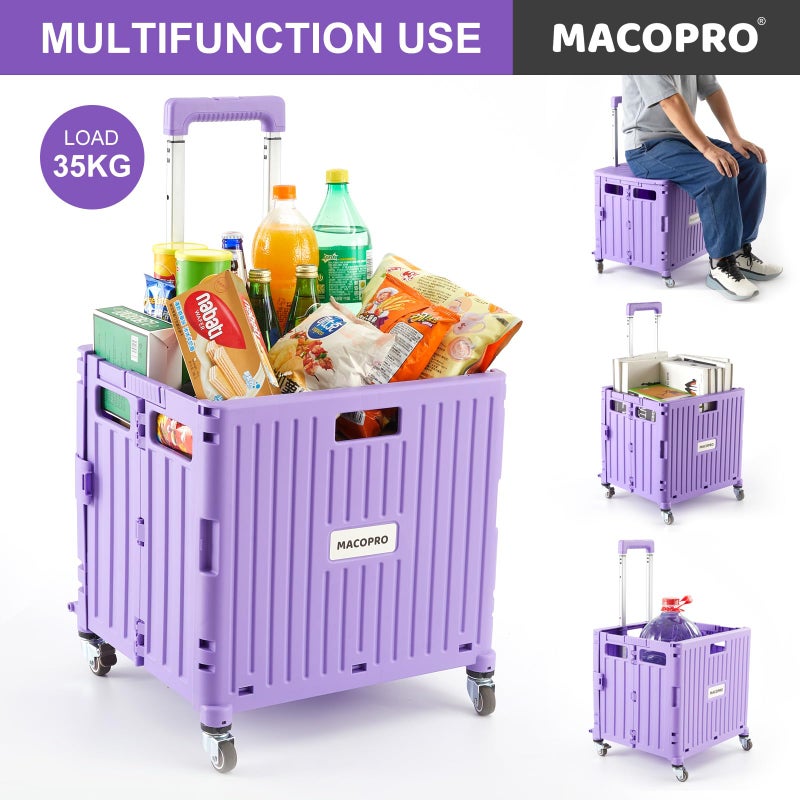MACOPRO Foldable Utility Cart Folding Portable Rolling Crate Handcart with Durable Heavy Duty Plastic Telescoping Handle Collapsible 4 Rotate Wheels for Travel Shopping Moving Luggage Office Use (Purple) - Image 2