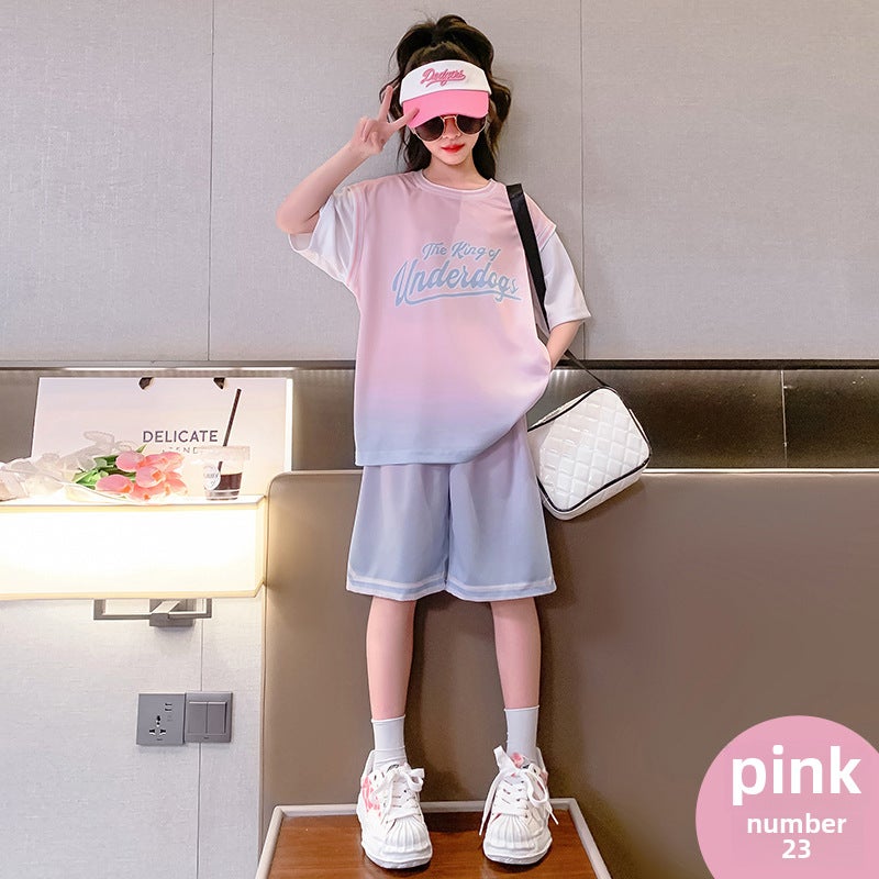 Girls Gradient Basketball Suit Summer Set Pink 23.  - Image 1