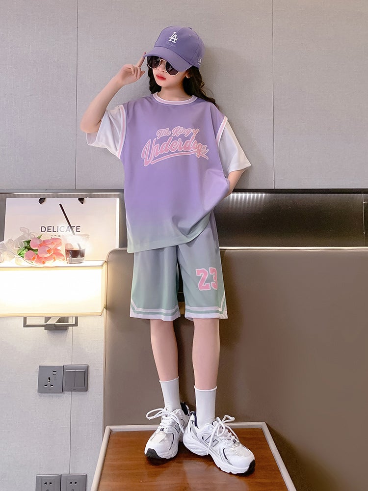 Girls Gradient Basketball Suit Summer Set Pink 23.  - Image 5