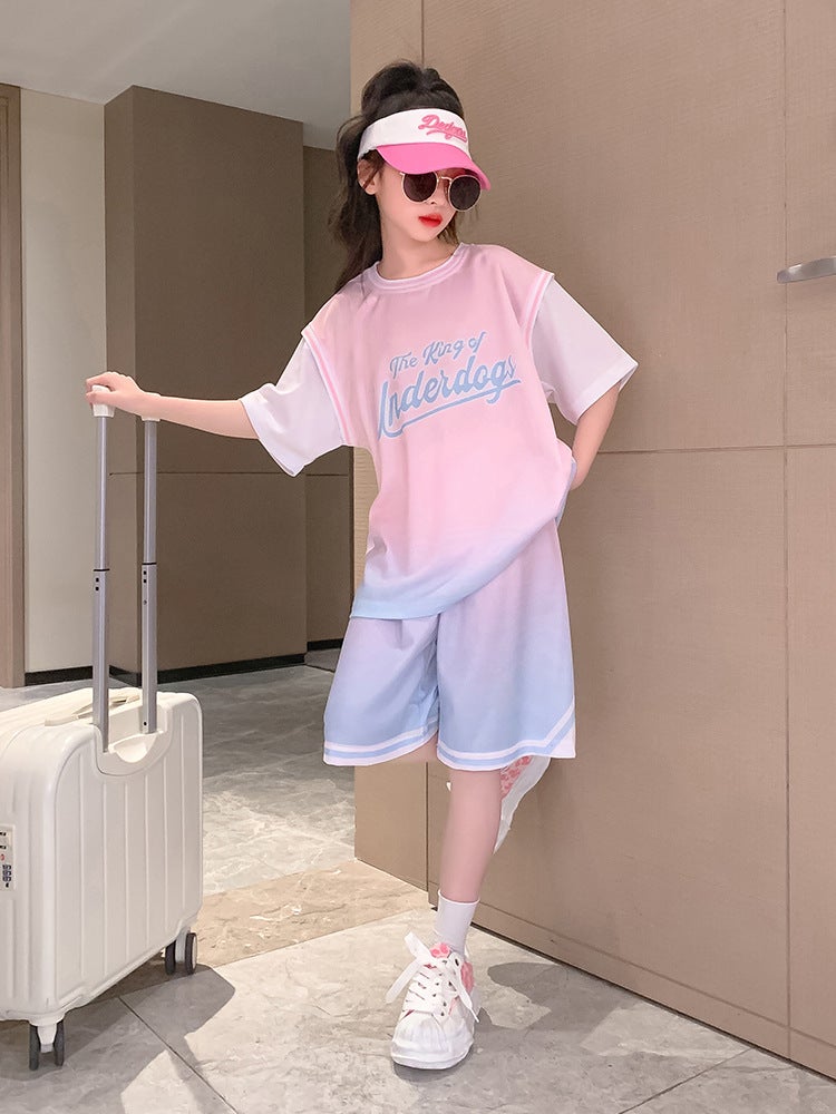 Girls Gradient Basketball Suit Summer Set Pink 23.  - Image 2