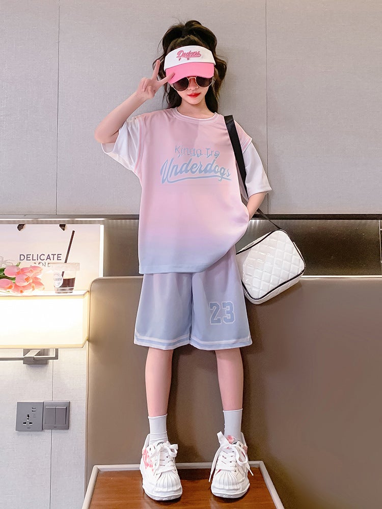Girls Gradient Basketball Suit Summer Set Pink 23.  - Image 4