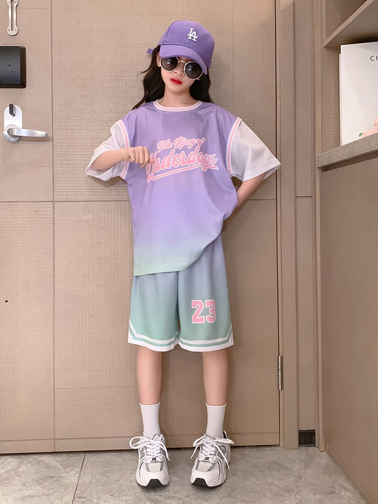 Girls Gradient Basketball Suit Summer Set Pink 23.  - Image 3