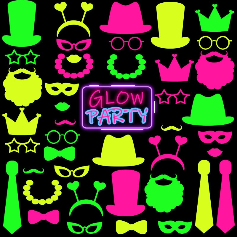 Skylety 42 Pcs Neon Photo Booth Props Glow Photo Booth Fully Assembled Neon Glow Party Colorful Black Light Fluorescent Paper Posing Props for Birthday Wedding Halloween Christmas Decorations - Image 2