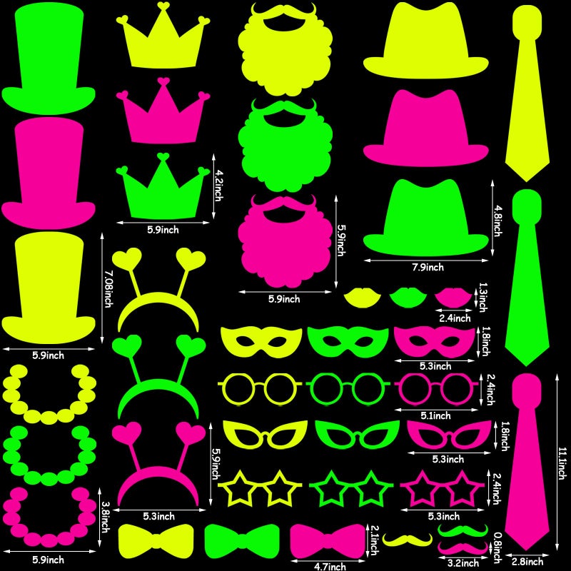 Skylety 42 Pcs Neon Photo Booth Props Glow Photo Booth Fully Assembled Neon Glow Party Colorful Black Light Fluorescent Paper Posing Props for Birthday Wedding Halloween Christmas Decorations - Image 3
