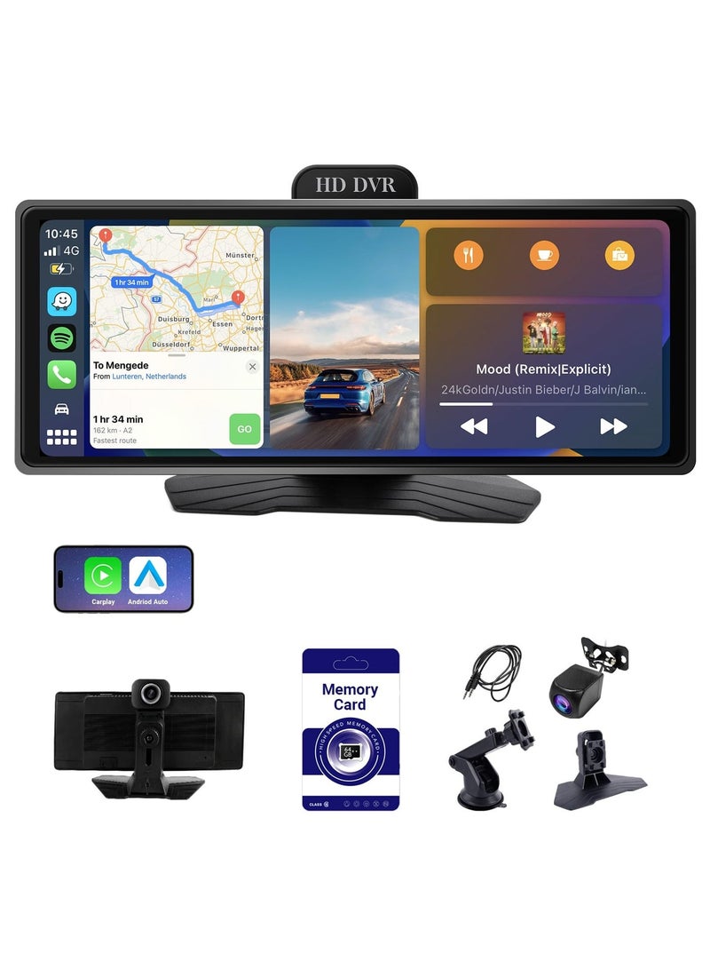 هاو ديور شاشة سيارة ذكية مدمجة مقاس 10.26 بوصة مع كاميرا أمامية بدقة 1080P وكاميرا للرؤية الخلفية تدعم Apple CarPlay و Android Auto لاسلكياً - مع بطاقة SD مجانية سعة 64 جيجابايت - Image 1