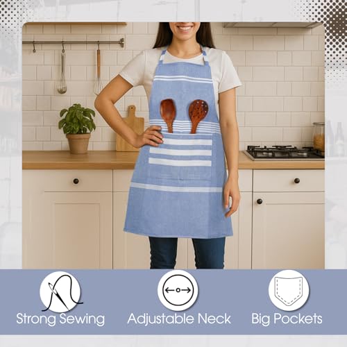 Värde 2 Pcs Unisex Cooking Aprons | Spillproof Layer | Striped Design with 2 Front Pockets & Free Size Neck Strap | Durable, Oil & Stain Resistant | Chef Apron for Cooking (Rock Blue & Cream) - Image 4