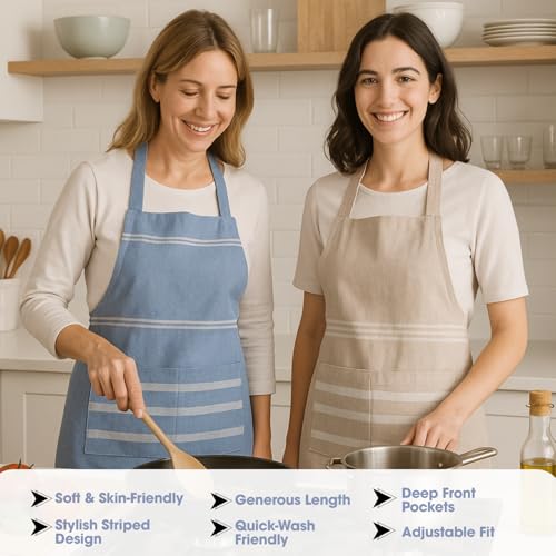 Värde 2 Pcs Unisex Cooking Aprons | Spillproof Layer | Striped Design with 2 Front Pockets & Free Size Neck Strap | Durable, Oil & Stain Resistant | Chef Apron for Cooking (Rock Blue & Cream) - Image 3
