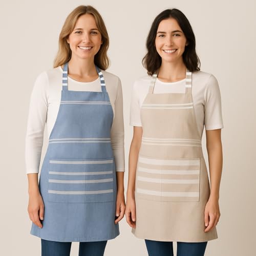 Värde 2 Pcs Unisex Cooking Aprons | Spillproof Layer | Striped Design with 2 Front Pockets & Free Size Neck Strap | Durable, Oil & Stain Resistant | Chef Apron for Cooking (Rock Blue & Cream) - Image 2