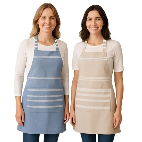 Värde 2 Pcs Unisex Cooking Aprons | Spillproof Layer | Striped Design with 2 Front Pockets & Free Size Neck Strap | Durable, Oil & Stain Resistant | Chef Apron for Cooking (Rock Blue & Cream) - Image 1